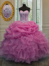 Pick Ups Rose Pink Sleeveless Organza Lace Up Quinceanera Gown for Military Ball and Sweet 16 and Quinceanera