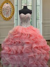 Pink Sweetheart Lace Up Beading and Ruching Quinceanera Gowns Sleeveless