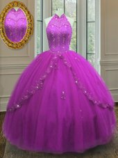Graceful Floor Length Lace Up 15 Quinceanera Dress Fuchsia and In for Military Ball and Sweet 16 and Quinceanera with Beading and Appliques