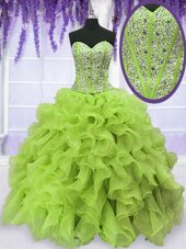 Yellow Green Organza Lace Up 15 Quinceanera Dress Sleeveless Floor Length Beading and Ruffles