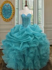 Scoop Beading and Ruffles Ball Gown Prom Dress Teal Lace Up Sleeveless Floor Length