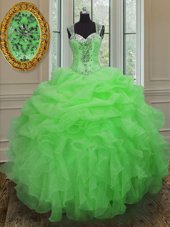 Straps Sleeveless Organza Quinceanera Gowns Beading and Ruffles Zipper