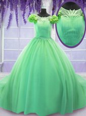 Green Scoop Lace Up Hand Made Flower Vestidos de Quinceanera Court Train Short Sleeves