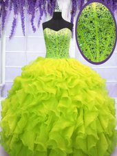 Eye-catching Yellow Green Sleeveless Beading and Ruffles Floor Length Quinceanera Gown