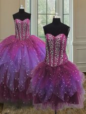 Three Piece Multi-color Ball Gowns Sweetheart Sleeveless Tulle Floor Length Lace Up Beading Vestidos de Quinceanera