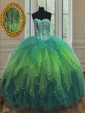 Luxurious Three Piece Multi-color Sweetheart Neckline Beading and Ruffles and Sequins Ball Gown Prom Dress Sleeveless Lace Up