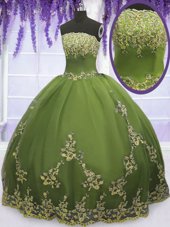 Fantastic Olive Green Zipper Strapless Appliques Quinceanera Gown Tulle Sleeveless