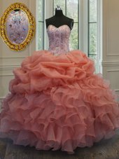 Orange Red Ball Gowns Sweetheart Sleeveless Organza Floor Length Lace Up Beading and Pick Ups Quinceanera Dress