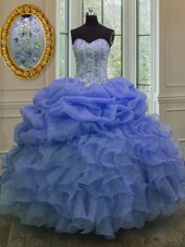 Organza V-neck Sleeveless Lace Up Beading and Embroidery and Ruffles Sweet 16 Dresses in Blue