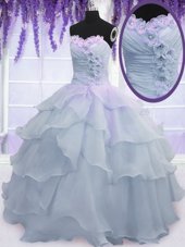 Low Price Ruffled Light Blue Sleeveless Organza Lace Up Quince Ball Gowns for Military Ball and Sweet 16 and Quinceanera