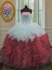 Beading and Ruffles Ball Gown Prom Dress White And Red Lace Up Sleeveless Floor Length