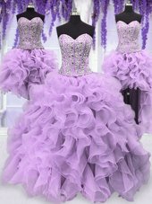 Wonderful Four Piece Lavender Organza Lace Up Sweetheart Sleeveless Floor Length 15th Birthday Dress Ruffles and Sequins