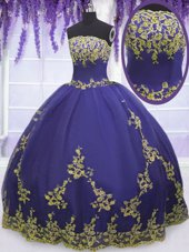 Elegant Sleeveless Tulle Floor Length Zipper 15 Quinceanera Dress in Purple for with Appliques