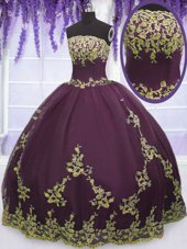Floor Length Purple Sweet 16 Dresses Tulle Sleeveless Appliques