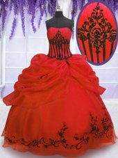 High Class Red Strapless Neckline Embroidery and Pick Ups Quinceanera Dress Sleeveless Lace Up