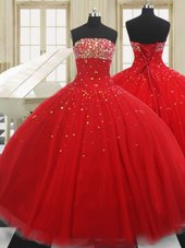 Strapless Sleeveless Quinceanera Gown Floor Length Beading Red Tulle