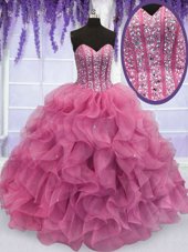 Custom Designed Beading and Ruffles Quinceanera Gowns Rose Pink Lace Up Sleeveless Floor Length