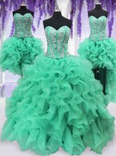 On Sale Four Piece Turquoise Sweet 16 Dress Military Ball and Sweet 16 and Quinceanera and For with Ruffles and Sequins Sweetheart Sleeveless Lace Up