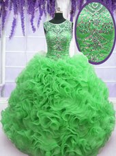 Exquisite Scoop Sleeveless Floor Length Beading and Ruffles Lace Up Quinceanera Gown with Green