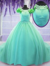 Scoop Short Sleeves Court Train Lace Up Hand Made Flower Quinceanera Gown