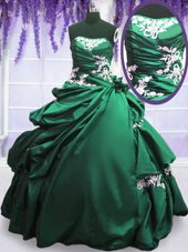 Smart Green and Dark Green Ball Gowns Appliques and Pick Ups Quince Ball Gowns Lace Up Taffeta Sleeveless Floor Length