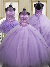 Comfortable Three Piece Lavender Lace Up Halter Top Sequins Quince Ball Gowns Tulle Sleeveless Brush Train