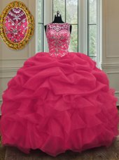 Cheap Scoop Coral Red Lace Up Quinceanera Dresses Beading and Pick Ups Sleeveless Floor Length