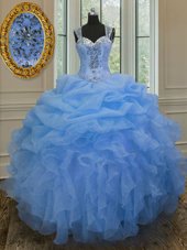 Straps Straps Floor Length Blue Ball Gown Prom Dress Organza Sleeveless Beading and Ruffles