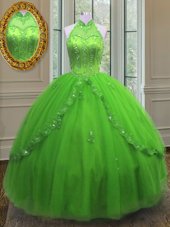 Lace Up Halter Top Beading and Appliques Sweet 16 Dress Tulle Sleeveless