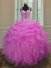 Straps Straps Apple Green Organza Lace Up Quince Ball Gowns Sleeveless Floor Length Beading and Ruffles