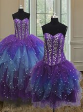 Traditional Three Piece Sleeveless Lace Up Floor Length Beading and Ruffles and Sequins Quinceanera Gowns