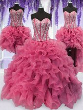 Four Piece Sequins Ruffled Sweetheart Sleeveless Lace Up Quinceanera Dresses Pink Organza