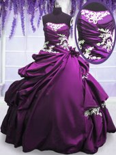 High Quality Purple Ball Gowns Appliques and Pick Ups 15th Birthday Dress Lace Up Taffeta Sleeveless Floor Length