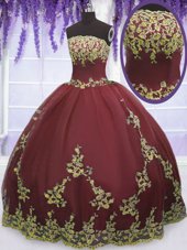 Dramatic Sleeveless Tulle Floor Length Zipper Sweet 16 Dress in Burgundy for with Appliques