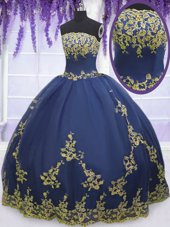 Spectacular Navy Blue Zipper Quinceanera Dresses Appliques Sleeveless Floor Length