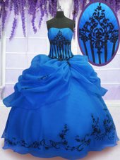 Floor Length Blue Sweet 16 Quinceanera Dress Organza Sleeveless Embroidery