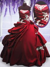 Wine Red 15 Quinceanera Dress Military Ball and Sweet 16 and Quinceanera and For with Appliques and Pick Ups Strapless Sleeveless Lace Up
