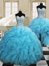 Three Piece Floor Length Ball Gowns Sleeveless Baby Blue Sweet 16 Dresses Lace Up
