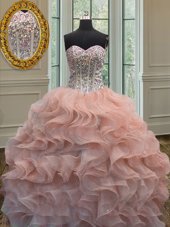 Three Piece Floor Length Lace Up Quinceanera Dresses Rose Pink and In for Military Ball and Sweet 16 and Quinceanera with Beading