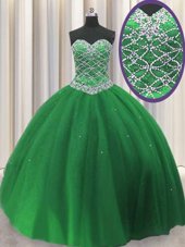 Ideal Green Ball Gowns Beading Sweet 16 Dresses Lace Up Tulle Sleeveless Floor Length