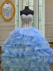 Floor Length Blue Quince Ball Gowns Organza Sleeveless Beading and Ruffles