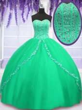 Attractive Floor Length Lace Up Quinceanera Dress Green and In for Military Ball and Sweet 16 and Quinceanera with Beading and Sequins