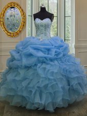 Blue Ball Gowns Sweetheart Sleeveless Organza Floor Length Lace Up Beading and Pick Ups Quinceanera Gown