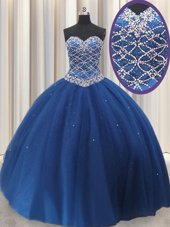 Tulle Sleeveless Floor Length Vestidos de Quinceanera and Beading and Sequins