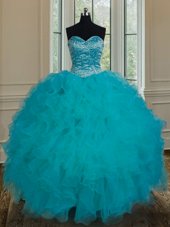 Teal Tulle Lace Up Sweetheart Sleeveless Floor Length Ball Gown Prom Dress Beading and Ruffles