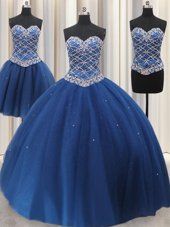 Custom Made Three Piece Blue Ball Gowns Beading and Sequins Sweet 16 Dresses Lace Up Tulle Sleeveless Floor Length
