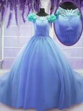 Captivating Blue Quinceanera Gown Military Ball and Sweet 16 and Quinceanera and For with Hand Made Flower Scoop Short Sleeves Court Train Lace Up