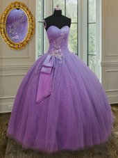 Popular Lilac Ball Gowns Sweetheart Sleeveless Tulle Floor Length Lace Up Beading and Ruching and Bowknot Sweet 16 Dress