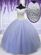 Modern Off the Shoulder Lavender Short Sleeves Beading Floor Length Sweet 16 Quinceanera Dress
