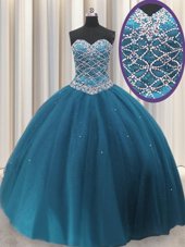 Fine Teal Sweetheart Neckline Beading and Sequins 15 Quinceanera Dress Sleeveless Lace Up